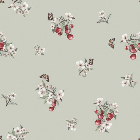 Rib Jersey a floral wallpaper with cherries and butterflies on it