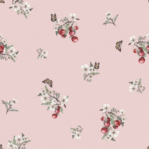 French Terry, un papel tapiz floral con cerezas y mariposas.