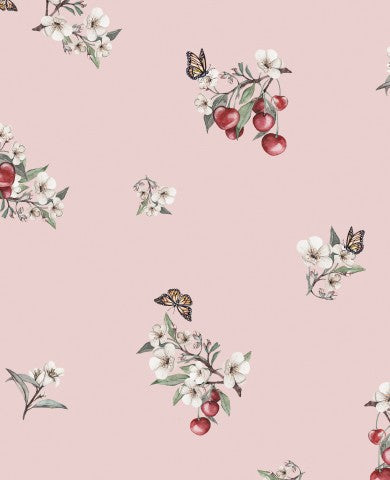 Tessuto impermeabile, carta da parati rosa con ciliegie e farfalle