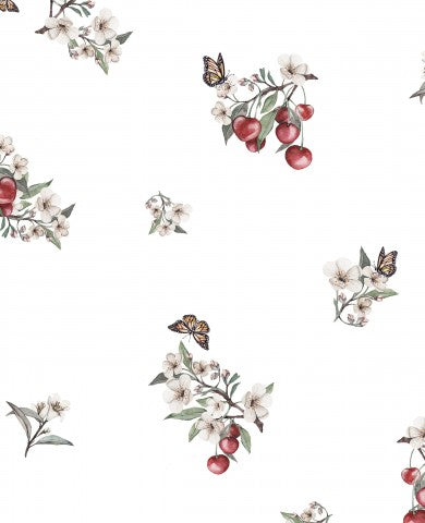 Tessuto di cotone naturale con motivo di ciliegie e fiori bianchi, ideale per progetti di cucito. Un tessuto leggero in vari colori per completare il tuo prossimo progetto.