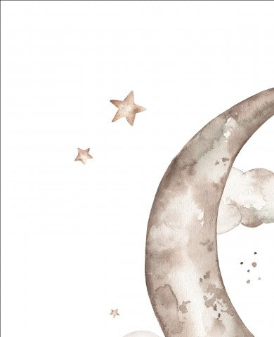 Muslin en akvarell av en måne med moln och stjärnor