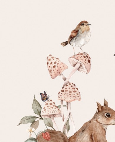 French Terry a watercolor painting of a squirrel, a bird and mushrooms