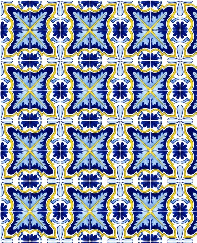 Waterproof fabric a blue and yellow tile pattern