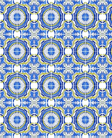 French Terry med ett blått och gult mönster på vit bakgrund