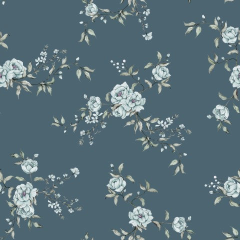 Musselin eine blaue Blumentapete mit weißen Blüten