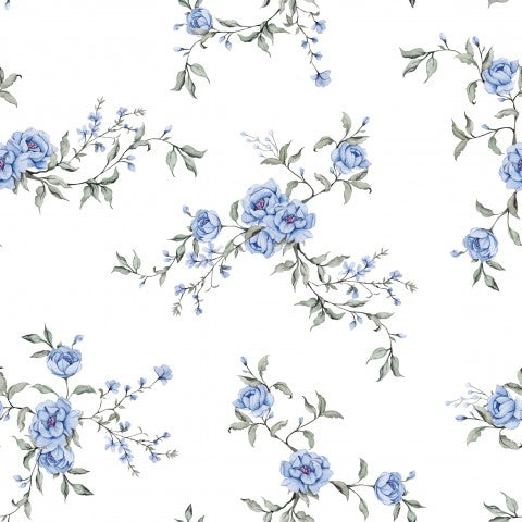 Fiori blu in raso di cotone su sfondo bianco