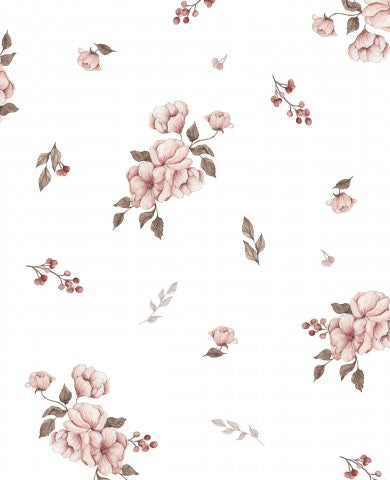 French Terry rosa Blumen auf weißem Hintergrund