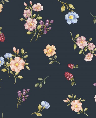 French Terry Blumen und Beeren auf dunklem Hintergrund