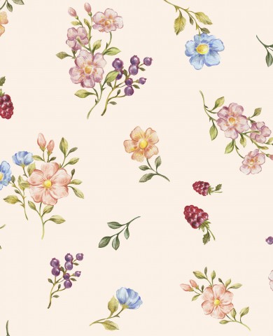 Motivo floreale in raso di cotone con bacche e fiori