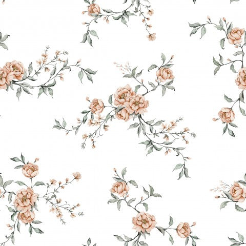 Rib Jersey pink flowers on white background