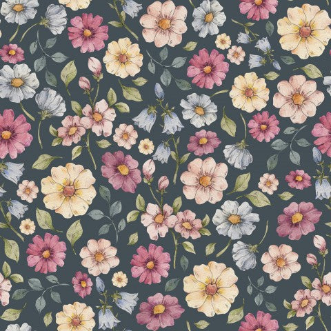 Rib Jersey Blumenmuster mit rosa, blauen und weißen Blumen