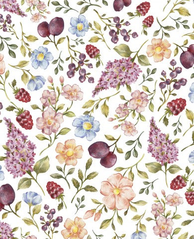 Muslin blomstermønster med bær og blomster