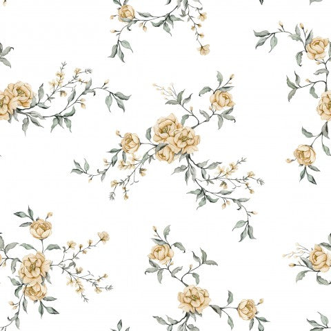 French Terry gelben Blumen auf weißem Hintergrund