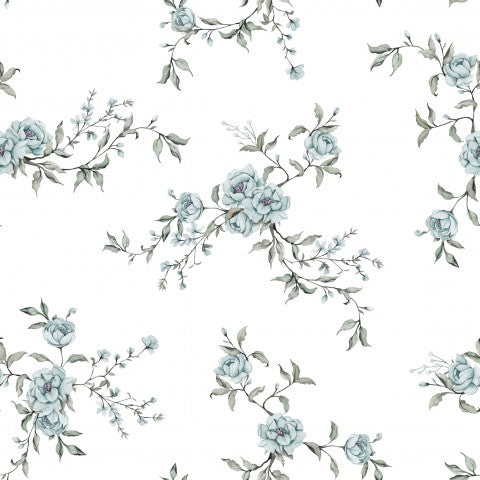 Rib Jersey blue flowers on white background