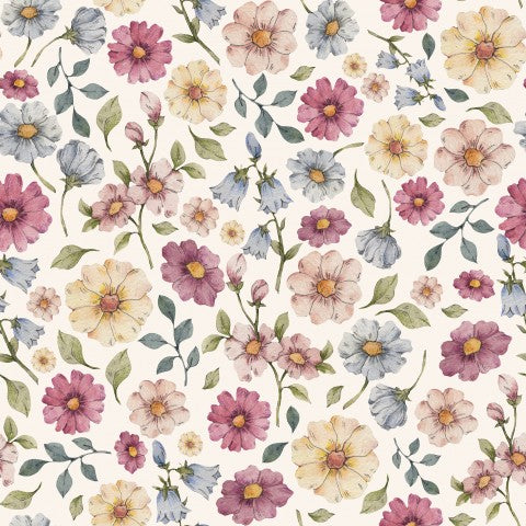 Fransk frotté blomstermønster med akvarelblomster og blade