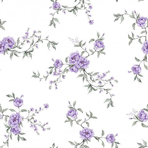 Rib Jersey purple flowers on white background