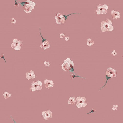 French Terry a pink and white floral pattern on a pink background