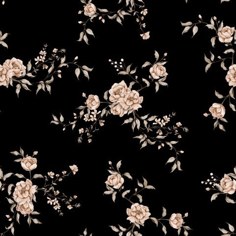 Rib Jersey a black and white floral pattern with pink roses