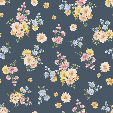 Rib Jersey Blumen auf dunkelblauem Hintergrund