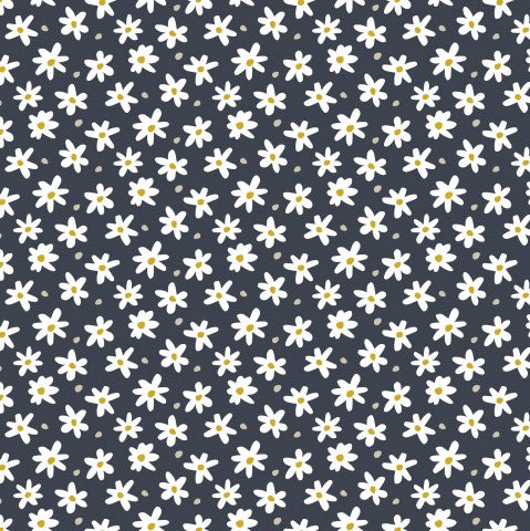 French Terry med ett svartvitt blommönster på en mörk bakgrund