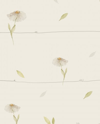 Blomstertapet i satinbomuld med hvide margueritter og blade