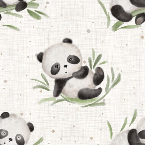 Ribjersey med pandamønster på beige baggrund