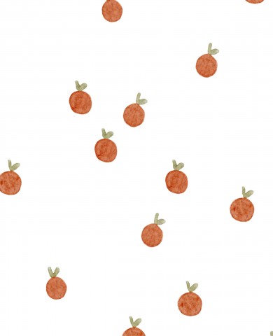 Muselina con estampado de naranjas sobre fondo blanco.