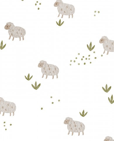 Satin cotton a sheep and grass pattern on a white background