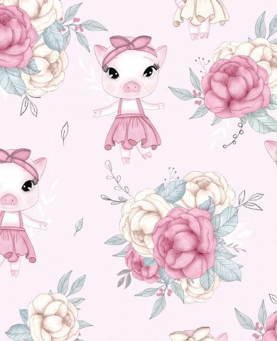 Raso di cotone con graziosi maialini e fiori