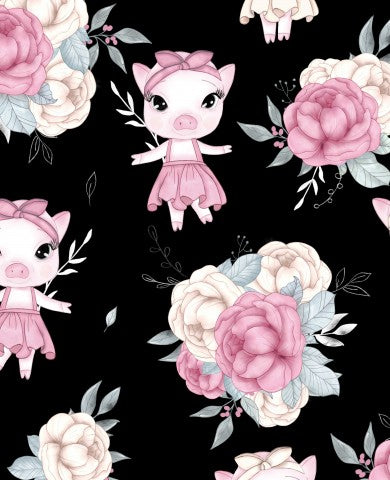 French Terry rosa e bianco maialini e rose