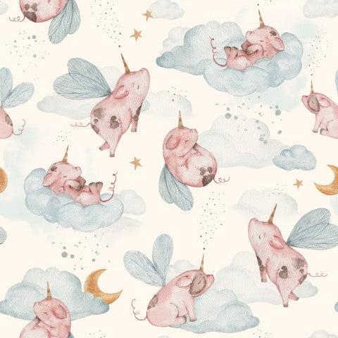 Waterproof fabric pink pigs flying in the clouds