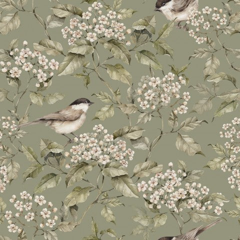 Tissu imperméable oiseaux et fleurs sur fond vert