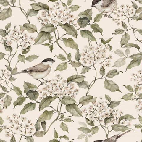 Sømløst tapet i ribjersey med fugle og blomster