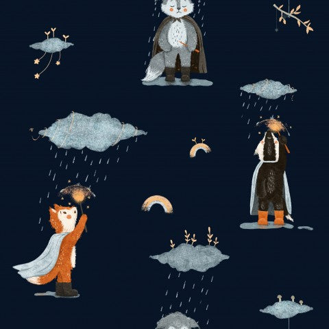 Muslin en serie illustrationer af dyr i regnen