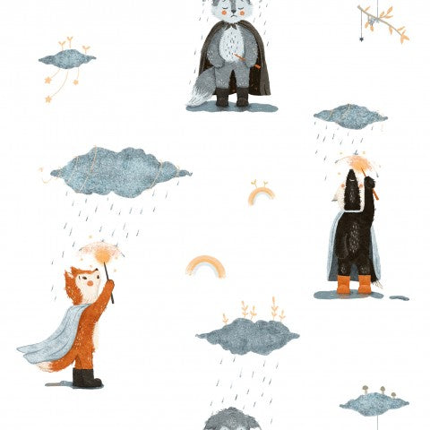 Muslin en serie illustrationer som visar olika djur i regnet