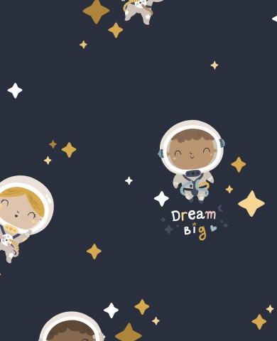 Astronauter og stjerner i satinbomuld