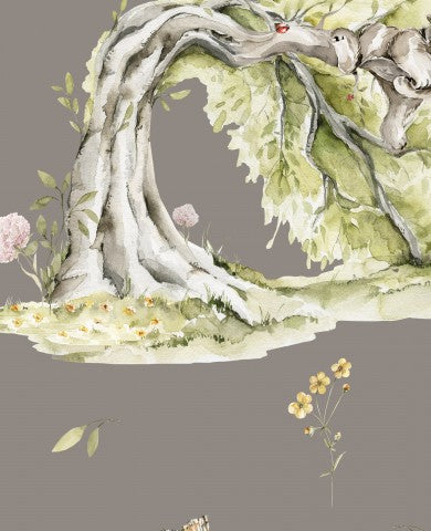 Muslin, en akvarel af et træ med fugle og blomster