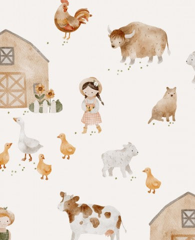 Satin cotton a watercolor farm scene with farm animals and children