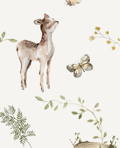 Muslin a watercolor wallpaper with deer, butterflies and flowers