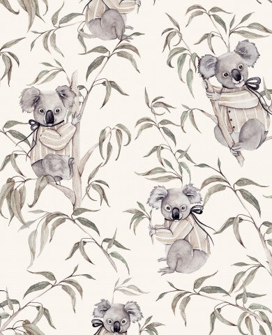 Satin cotton wallpaper with koalas and eucalyptus