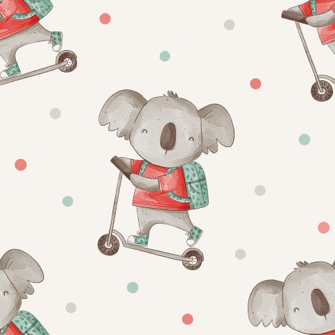 Satijnen katoen met een schattige koala op een scooter