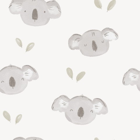 Fransk Terry med et mønster af koalaer på en hvid baggrund