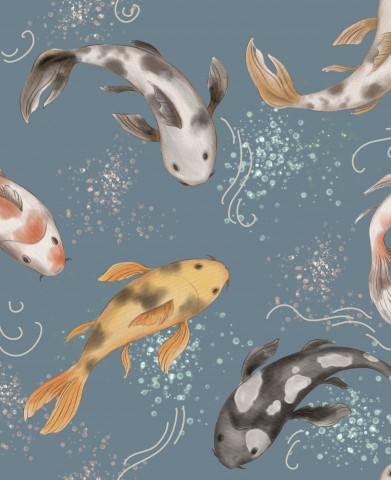Waterproof fabric pattern of koi fish on blue background