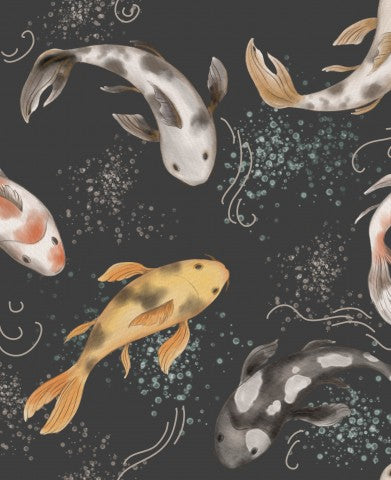 Rib Jersey Muster von Koi-Fischen auf schwarzem Hintergrund