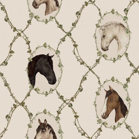 Carta da parati French Terry con teste di cavallo e viticci