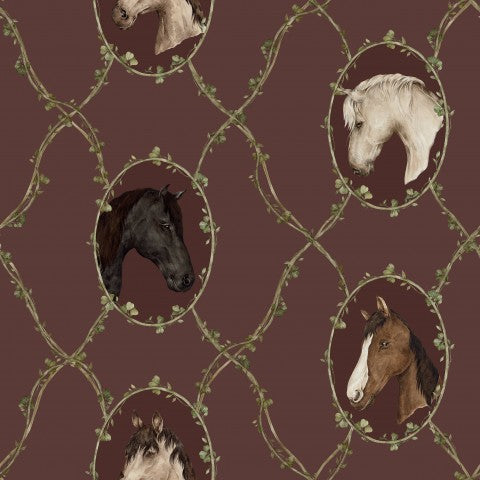 Muslin wallpaper with horses and vines on it