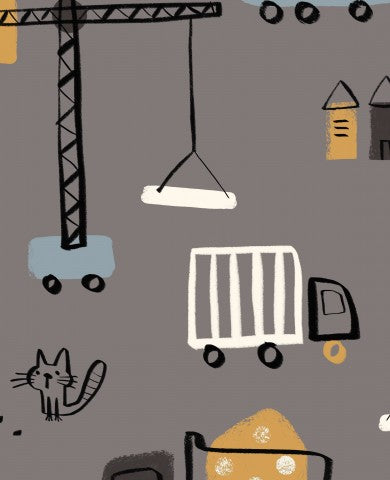 Jersey ein Muster aus Baufahrzeugen und Lastwagen auf grauem Hintergrund