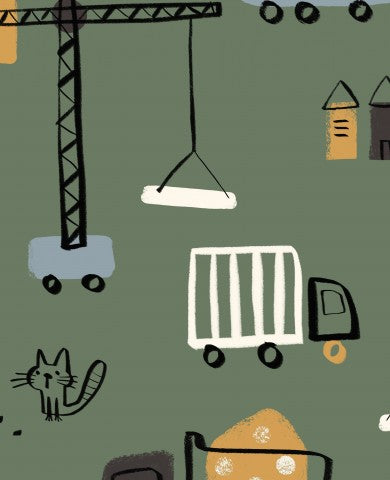 Musselin eine Illustration von Bauarbeitern und Lastwagen auf grünem Hintergrund