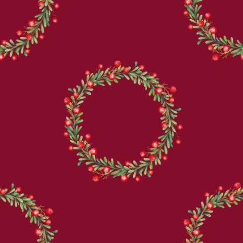 Waterdichte stof met een kerstkranspatroon op een bordeauxrode achtergrond