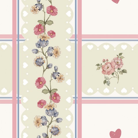 Fleurs et coeurs en satin de coton rose et bleu